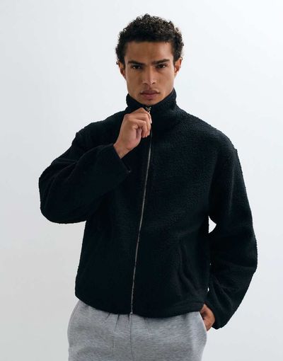 4505 4505 Rest Day funnel neck boxy fit borg fleece with zip pockets in black