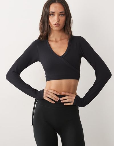 4505 4505 seamless baby rib wrap front long sleeve top in black