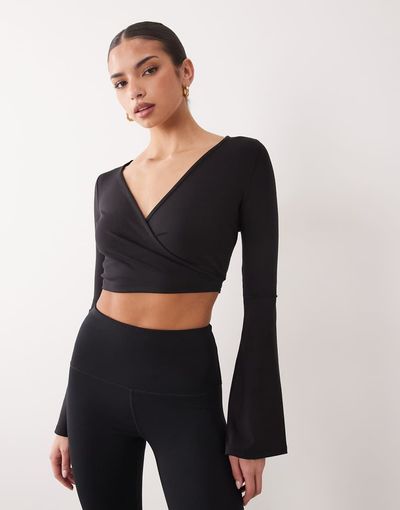 4505 4505 soft touch ballet inspired flared sleeves wrap top in black