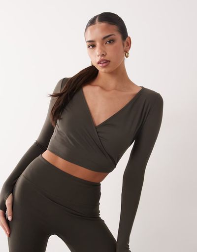4505 4505 soft touch ballet wrap long sleeve top in mocha-Brown