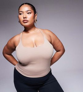 4505 ASOS 4505 Curve Icon yoga cami crop top with inner bra in soft touch in biscuit-Neutral