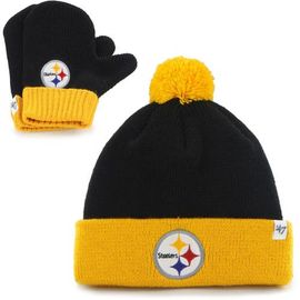 '47 Infant '47 Black/Gold Pittsburgh Steelers Bam Bam Cuffed Knit Hat With Pom and Mittens Set 