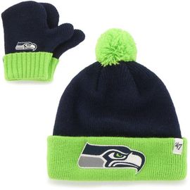 '47 Infant '47 College Navy/Neon Green Seattle Seahawks Bam Bam Cuffed Knit Hat With Pom and Mittens Set 