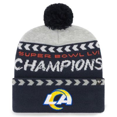 '47 Men's '47 Gray/Navy Los Angeles Rams Super Bowl LVI Champions Clapboard Cuffed Pom Knit Hat 