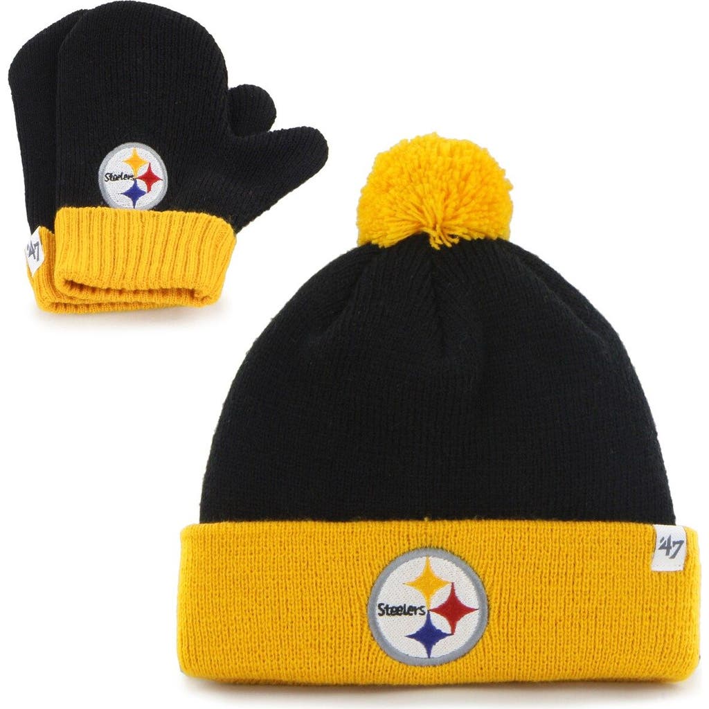 '47 Toddler '47 Black/Gold Pittsburgh Steelers Bam Bam Cuffed Knit Hat with Pom and Mittens Set 