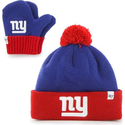 '47 Toddler '47 Royal/Red New York Giants Bam Bam Cuffed Knit Hat with Pom and Mittens Set 