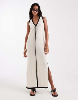4th & Reckless 4th & Reckless contrast trim sleeveless V-neck knit beach maxi dress in ecru-Multi