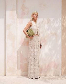 4th & Reckless 4th & Reckless cotton rich crochet floral scallop edged maxi beach skirt in beige - part of a set-Neutral