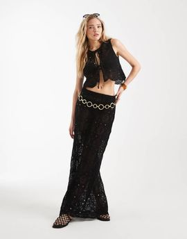 4th & Reckless 4th & Reckless cotton rich crochet floral scallop edged maxi beach skirt in black - part of a set
