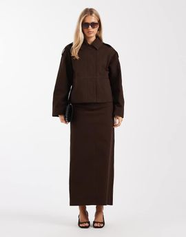 4th & Reckless 4th & Reckless cotton rich double belt detail column maxi skirt in chocolate - part of a set-Brown