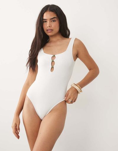 4th & Reckless 4th & Reckless crinkle square neck low back beaded keyhole detailing one-piece swimsuit in white