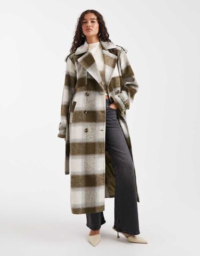 4th & Reckless 4th & Reckless exclusive wool feel longline belted trench coat in green & cream check-Multi