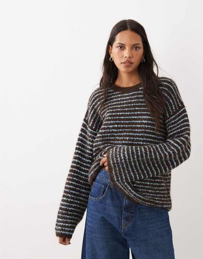 4th & Reckless 4th & Reckless Exclusive wool feel textured wide sleeve crew neck sweater in chocolate & blue stripe-Brown