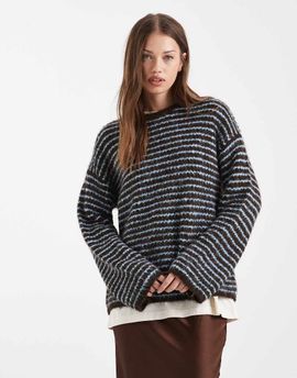 4th & Reckless 4th & Reckless Exclusive wool feel textured wide sleeve crew neck sweater in chocolate & blue stripe-Multi