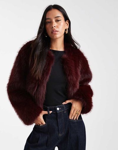 4th & Reckless 4th & Reckless faux fur cropped collarless jacket in burgundy-Red