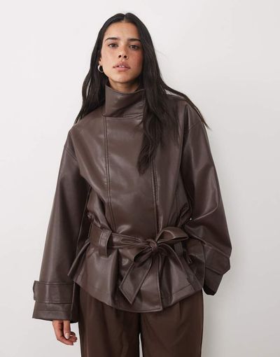 4th & Reckless 4th & Reckless faux leather funnel neck wide sleeve tie belt detail jacket in chocolate-Brown