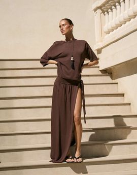 4th & Reckless 4th & Reckless fine knit drape front thigh split maxi beach skirt in chocolate - part of a set-Brown