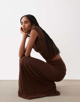 4th & Reckless 4th & Reckless fold-over ruched side maxi skirt in chocolate - part of a set-Brown