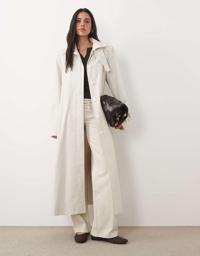 4th & Reckless 4th & Reckless funnel buckle neck detail button through midi trench coat in cream-White