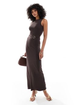 4th & Reckless 4th & Reckless gold hardware belt detail sleeveless maxi dress in chocolate-Brown
