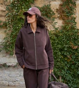 4th & Reckless 4th & Reckless heavyweight cotton collared zip up bomber sweat jacket in chocolate - part of a set-Brown