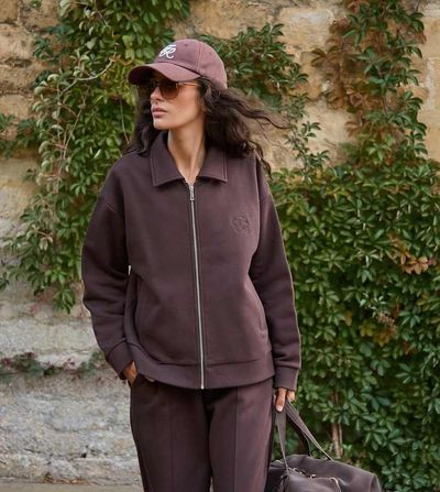 4th & Reckless 4th & Reckless heavyweight cotton collared zip up bomber sweat jacket in chocolate - part of a set-Brown
