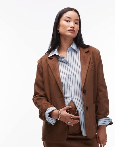 4th & Reckless 4th & Reckless Plus faux suede pocket front tailored blazer in camel - part of a set-Brown