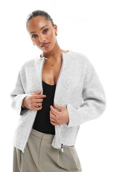 4th & Reckless 4th & Reckless premium high neck double zip knit bomber jacket in gray