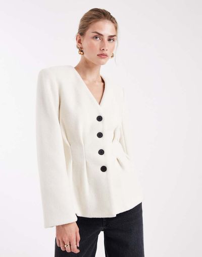 4th & Reckless 4th & Reckless structured shoulder pad detail cinched waist wool look blazer in cream-White