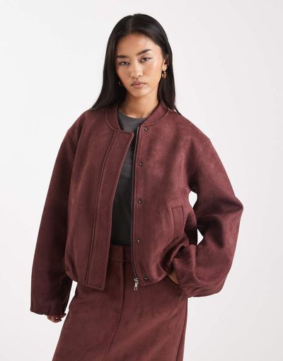 4th & Reckless 4th & Reckless super soft faux suede zip through bomber jacket in burgundy - part of a set-Red