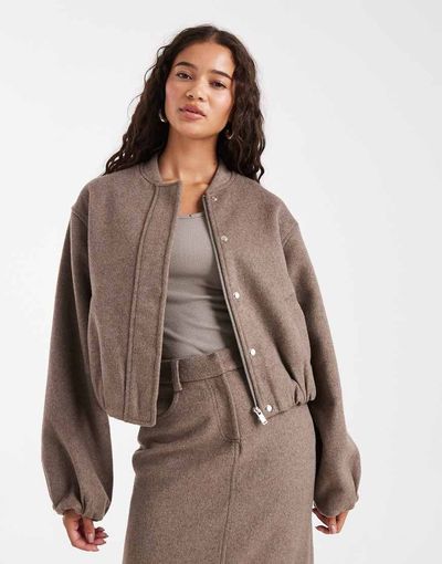 4th & Reckless 4th & Reckless wool blend soft tailored collarless balloon sleeve bomber jacket in mocha - part of a set-Brown