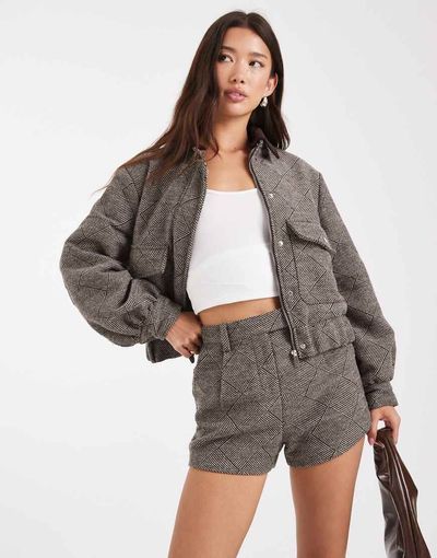 4th & Reckless 4th & Reckless wool feel pocket detail contrast collar balloon sleeve bomber jacket in brown herringbone check - part of a set