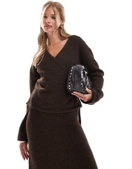 4th & Reckless 4th & Reckless wool mix fluffy knit tie side cardigan in chocolate - part of a set-Brown