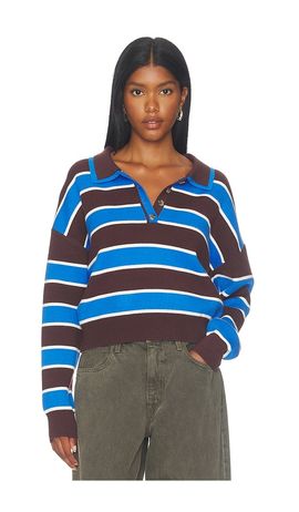 525 America 525 America Vera Double Johnny Collar Rugby Stripe Pullover Sweater