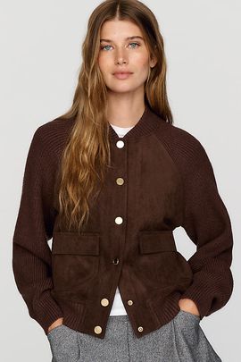 525 America Josephine Faux Suede & Ribbed Knit Bomber Cardigan