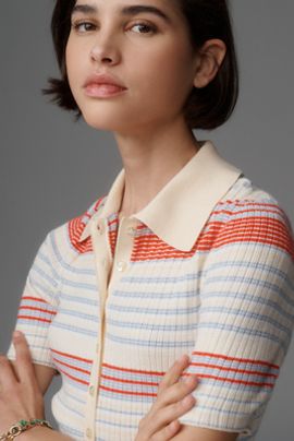 525 Giselle Ribbed Short-Sleeve Polo Sweater