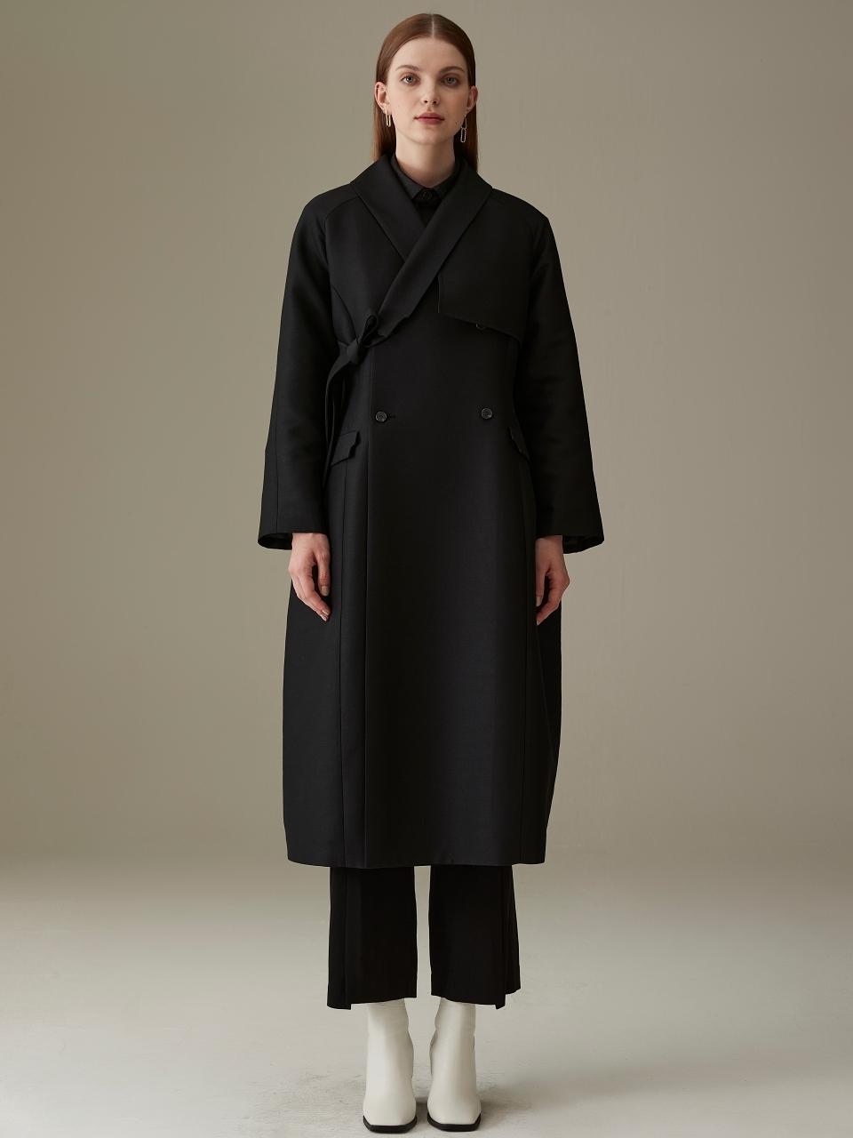 71to96 Curved Wool Silk Long Coat [Black]