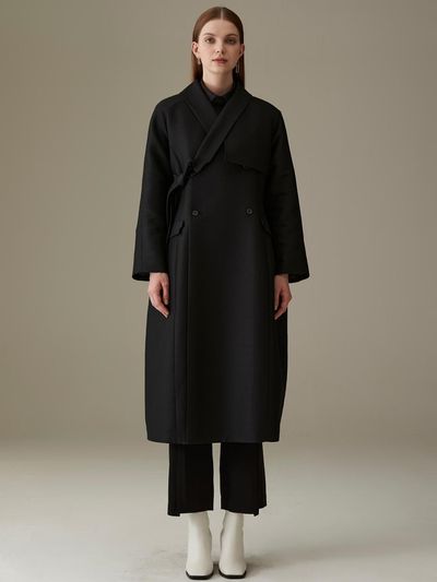 71to96 Curved Wool Silk Long Coat [Black]