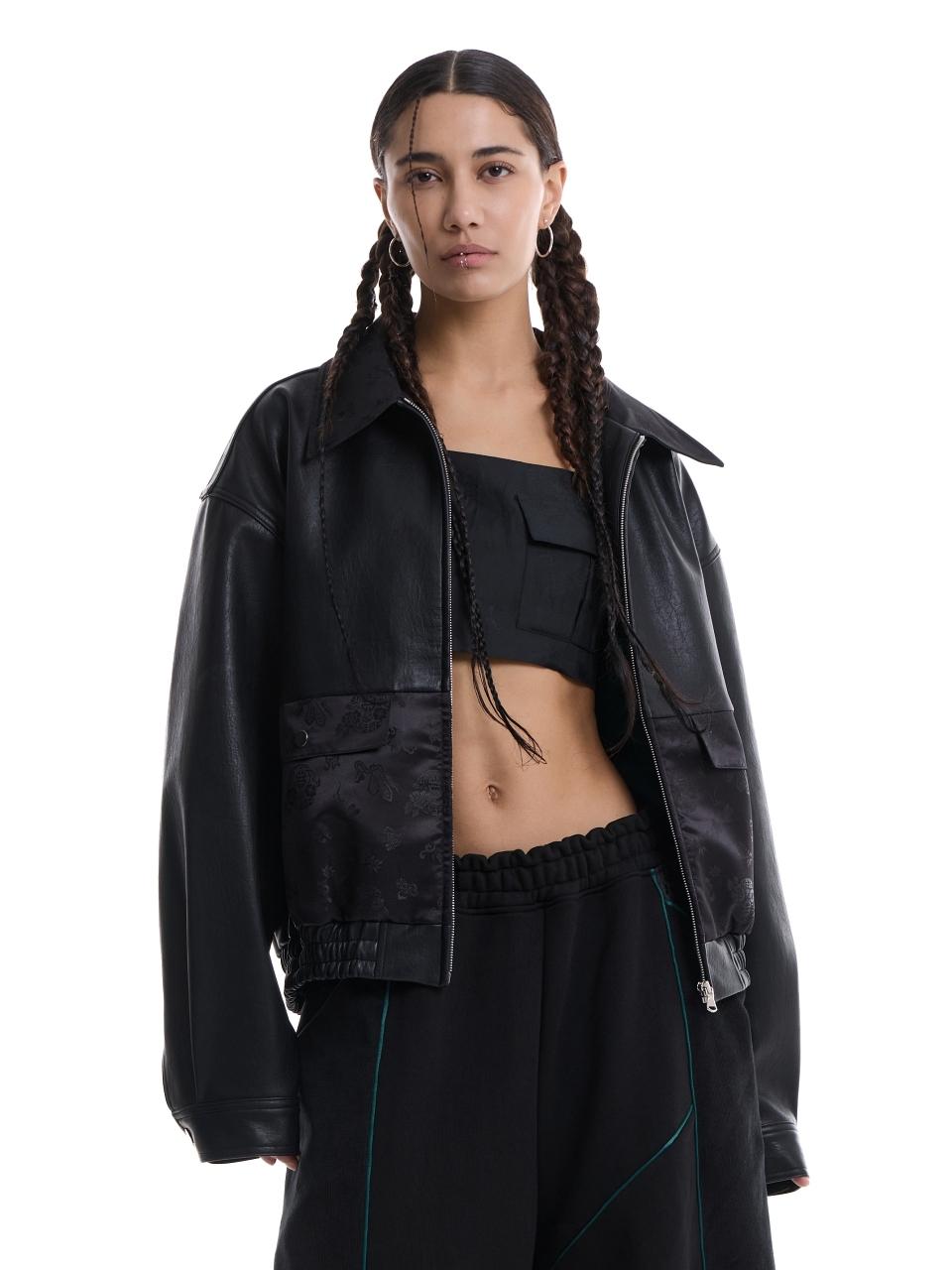 71to96 Hanbok Fabric Vegan Leather Jacket [Black]