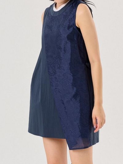 71to96 Mandarin Collar Cloud Pattern Mini Dress [Navy]