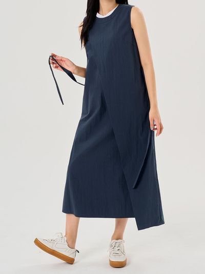 71to96 Mandarin Collar Streamlined Long Dress [Navy]