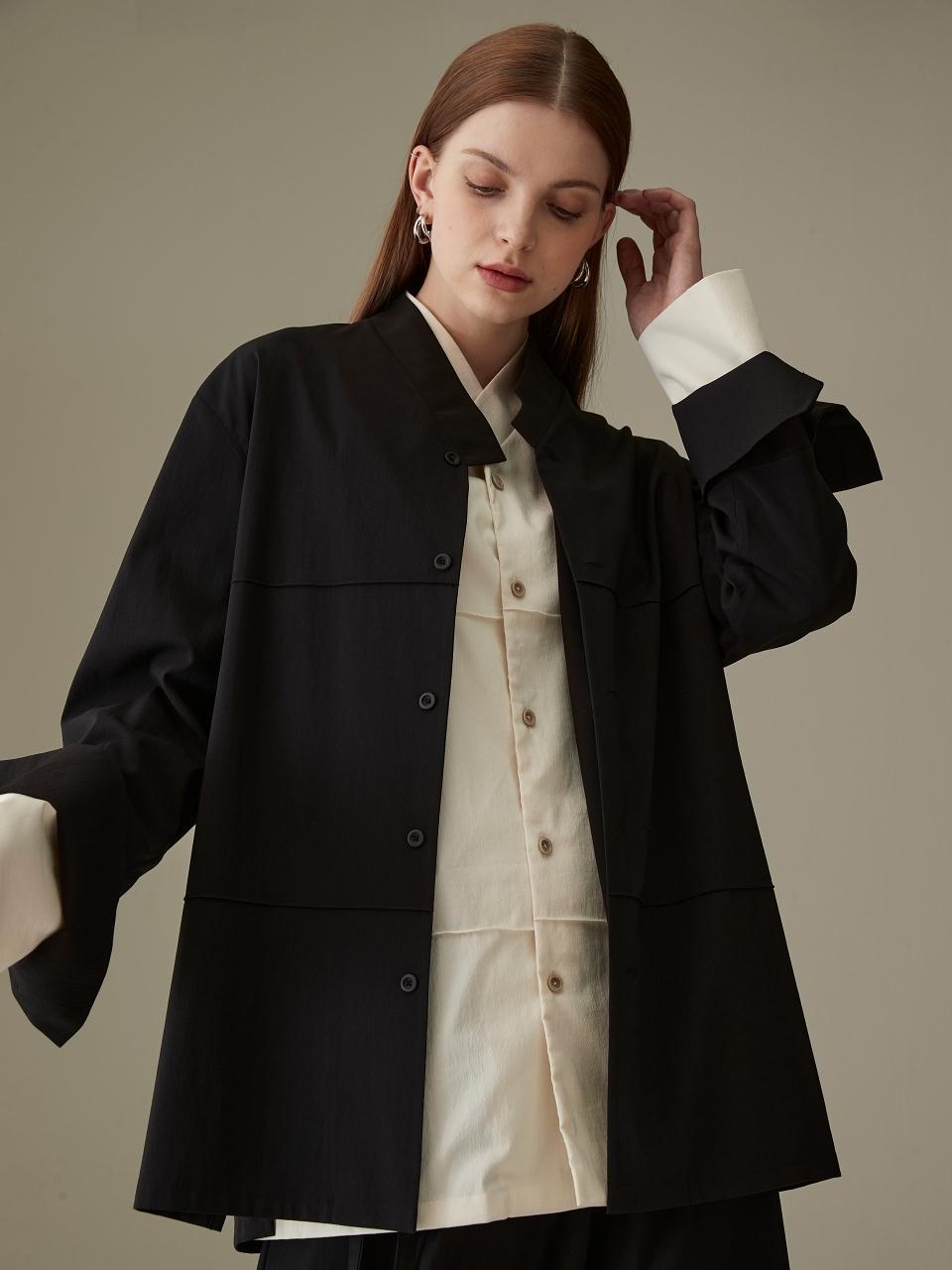 71to96 Pin Tuck Hanbok Collar Cotton Blend Shirt [Black]