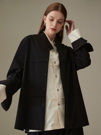 71to96 Pin Tuck Hanbok Collar Cotton Blend Shirt [Black]