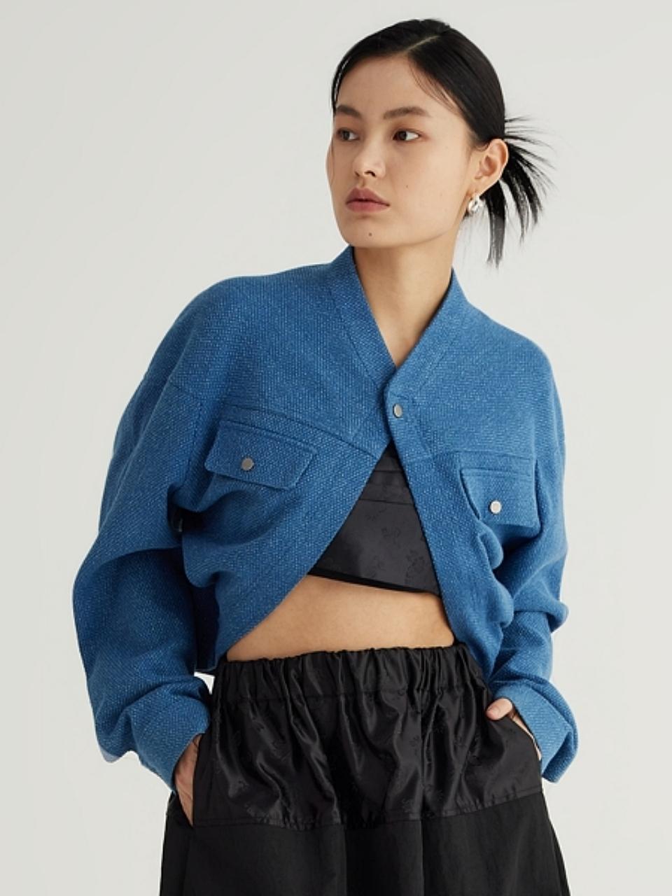 71to96 Round Vintage Hip-Length Bolero Jacket [Denim Blue]
