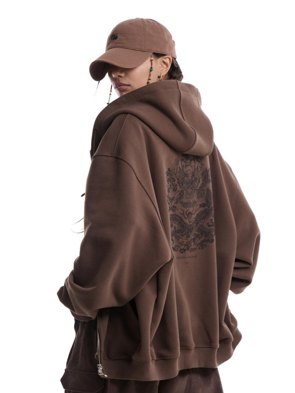 71to96 Vintage Dragon Cotton-Polyester Heavy Jersey Hoodie [Brown]