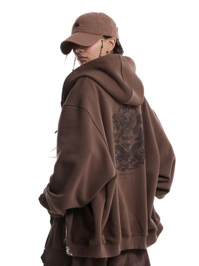 71to96 Vintage Dragon Cotton-Polyester Heavy Jersey Hoodie [Brown]