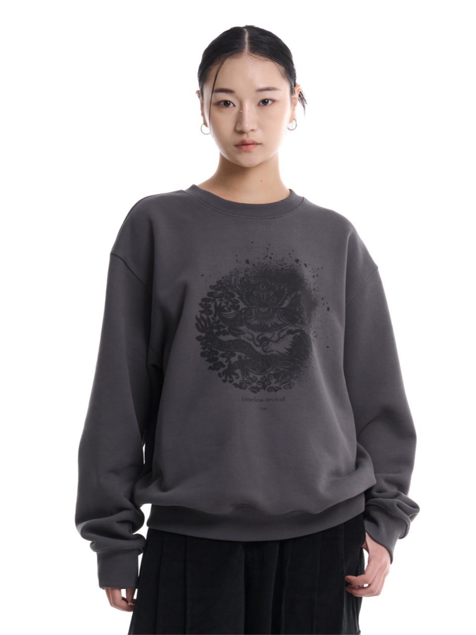 71to96 Vintage Dragon Embroidered Time-Worn Sweatshirt [Charcoal]