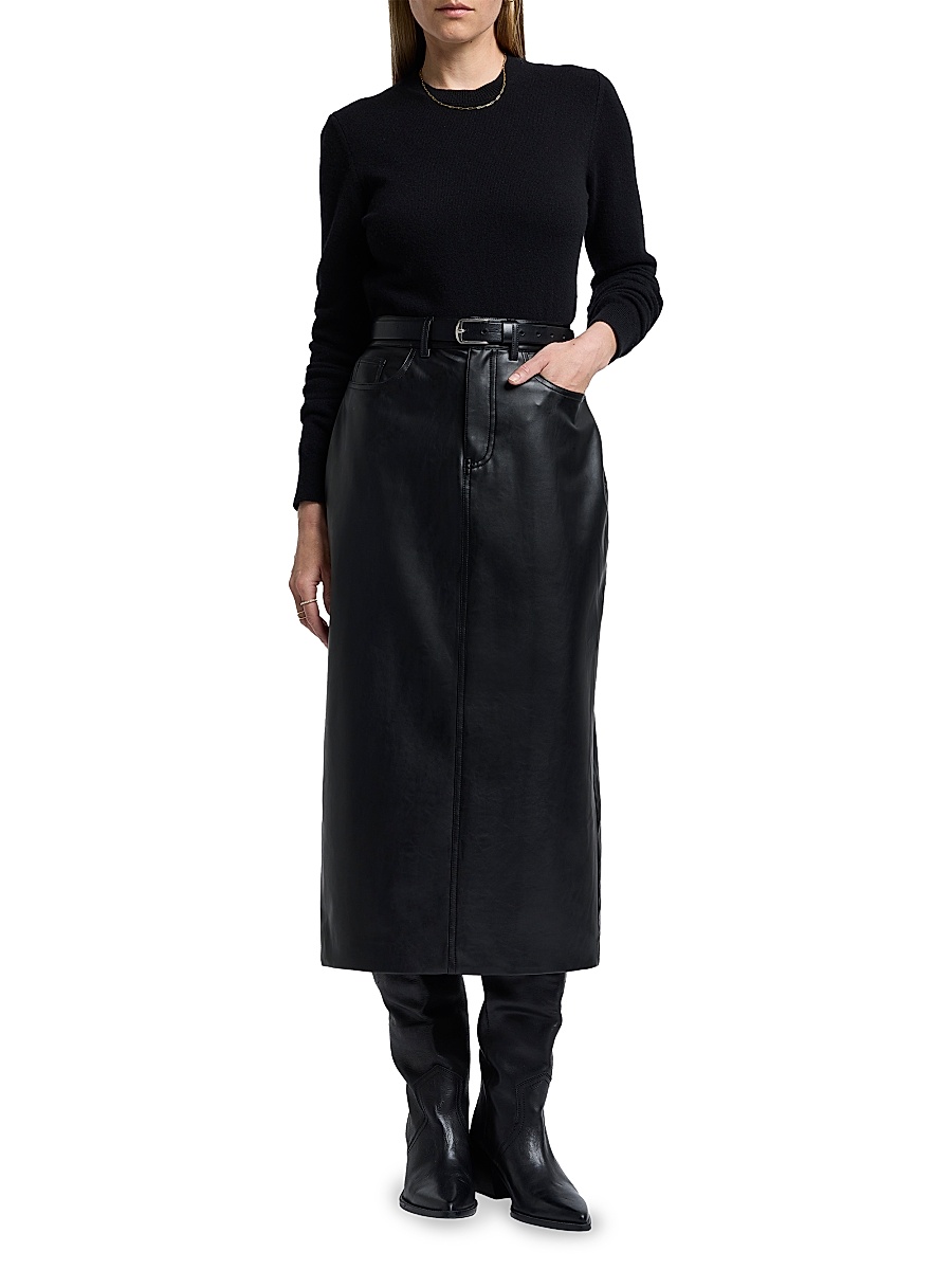 lace up leather dress Women's Something to Behold Black Faux Leather Short Sleeve Belted Midi Dress | Size: S main image 0