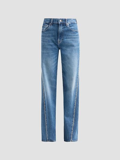 7 For All Mankind Women's Lotta Rhinestone Washed-Denim Wide-Leg Jeans