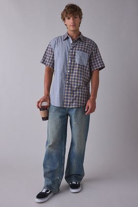 925 Originals 925 Originals Breeze Patchwork Plaid Shirt Top in Navy/Grey, Men's at Urban Outfitters